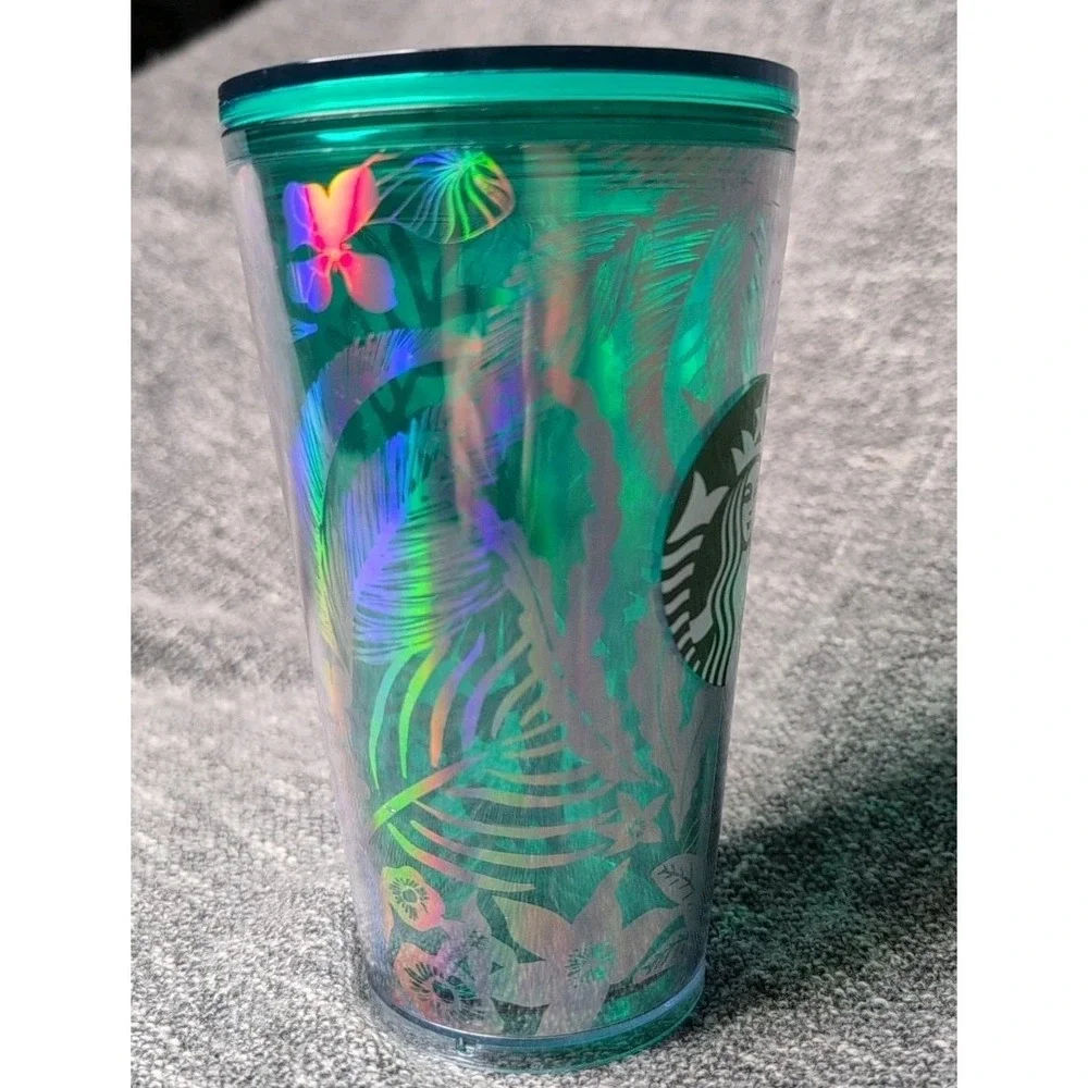 Starbucks 2022 Summer Grande 16oz‎ Silver Green Foliage Tumbler No Straw